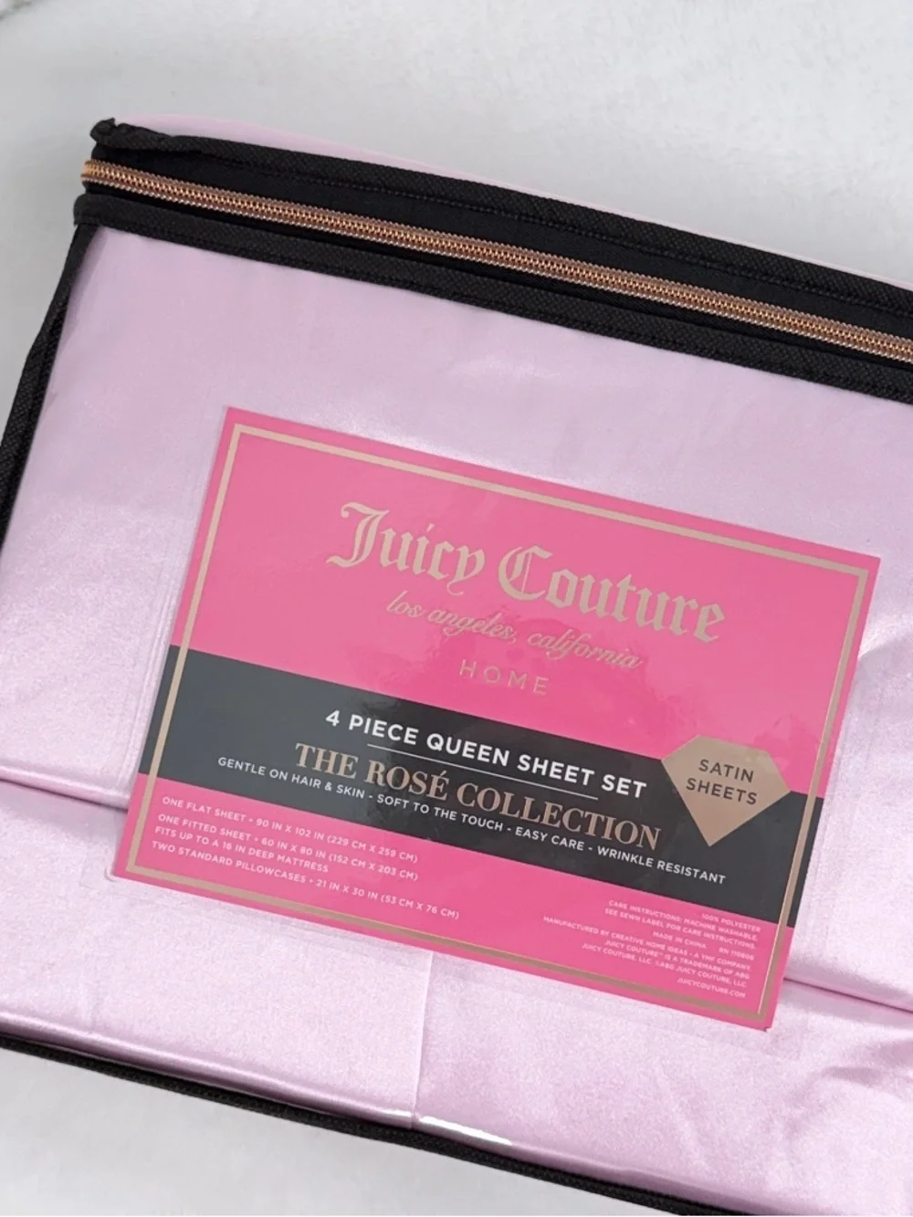 Juicy Couture Rose Collection Pink Satin Queen Sheet Set 4 Piece Bedding Pink